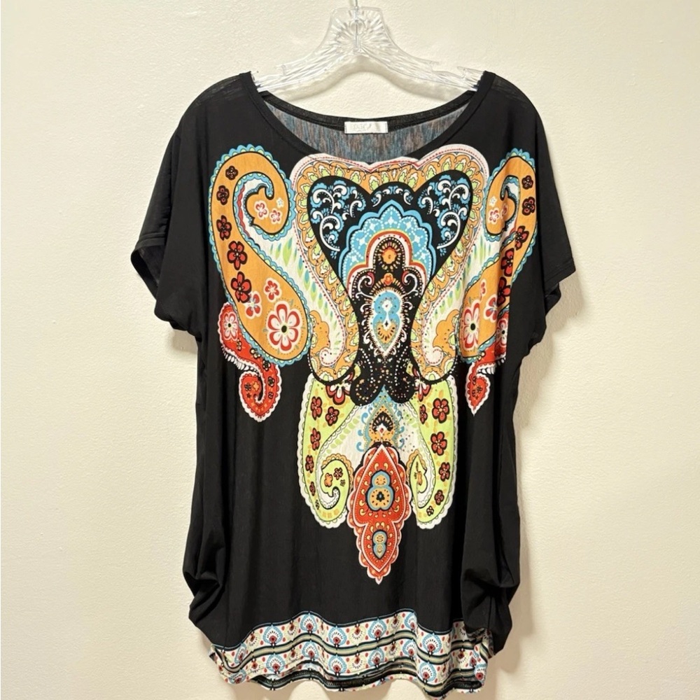 Black Paisley-Print Women’s Top with Multicolor Accents